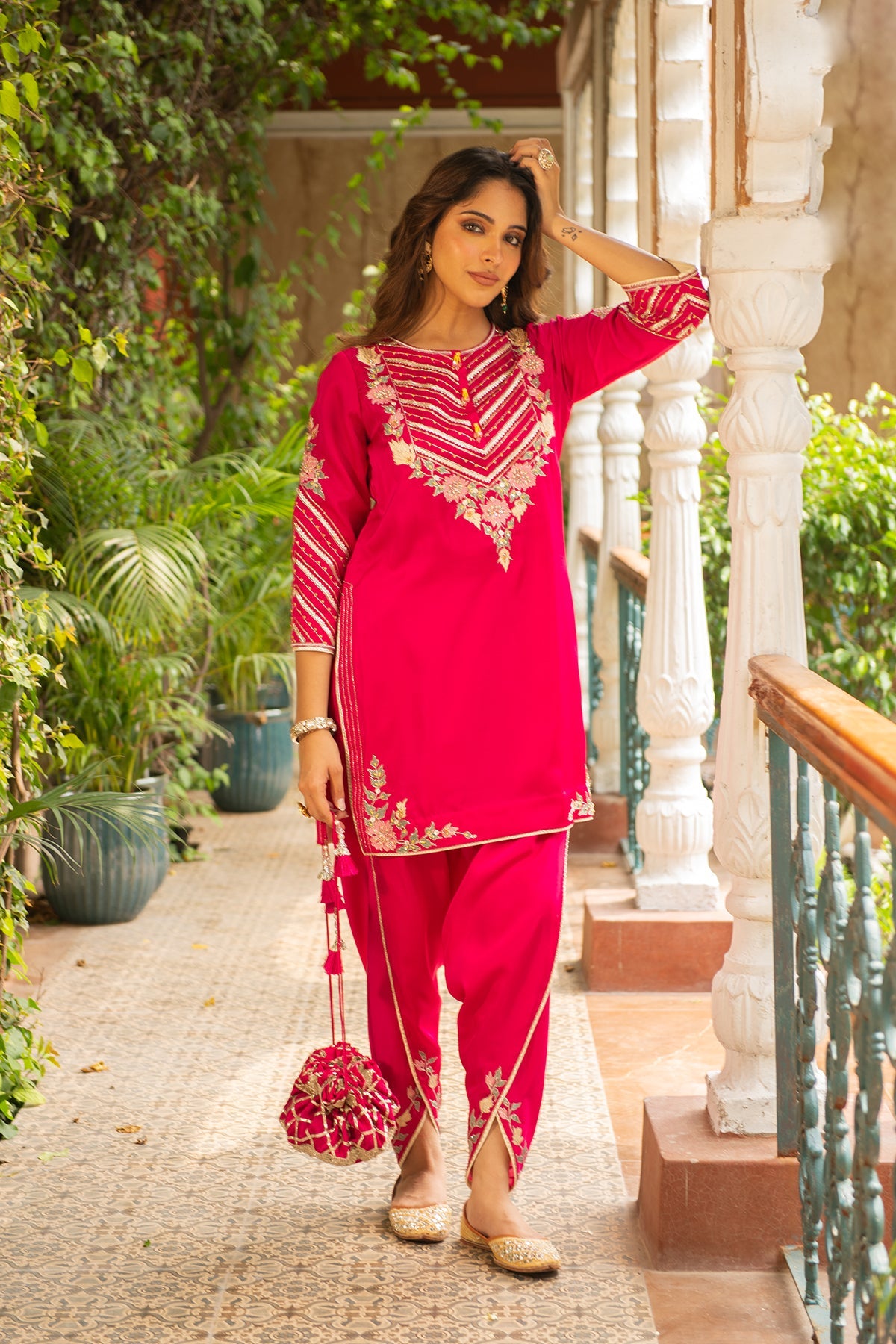 Roop Rani Pink Silk Embroidered Kurta with Dhoti & Organza Dupatta