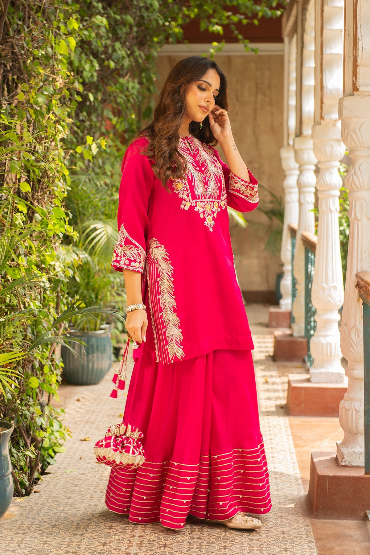 Roop Rani Pink Silk Embroidered Kurta with Dhoti & Organza Dupatta