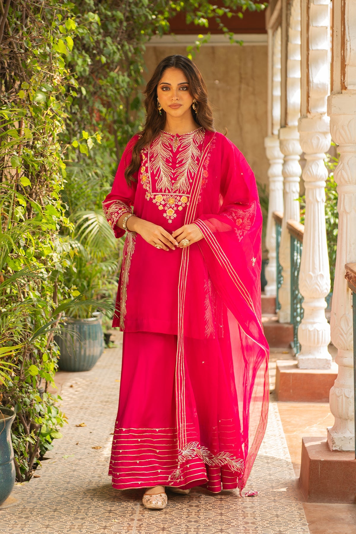 Rani Pink Silk Short Kurta and Sharara Set with Organza Dupatta