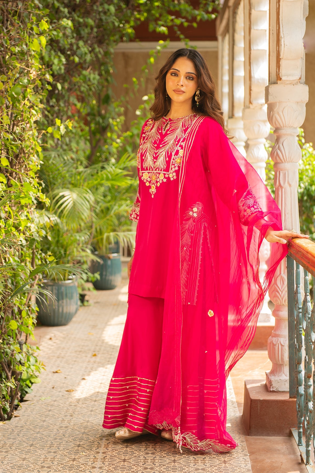 Rani Pink Silk Short Kurta and Sharara Set with Organza Dupatta