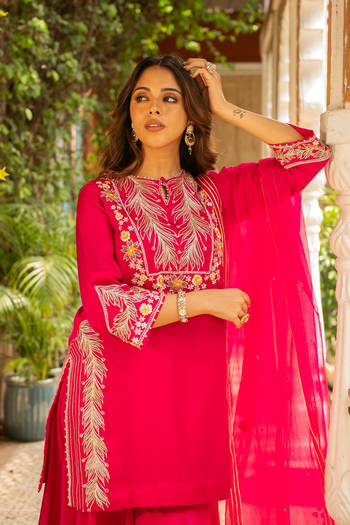 Rani Pink Silk Short Kurta and Sharara Set with Organza Dupatta