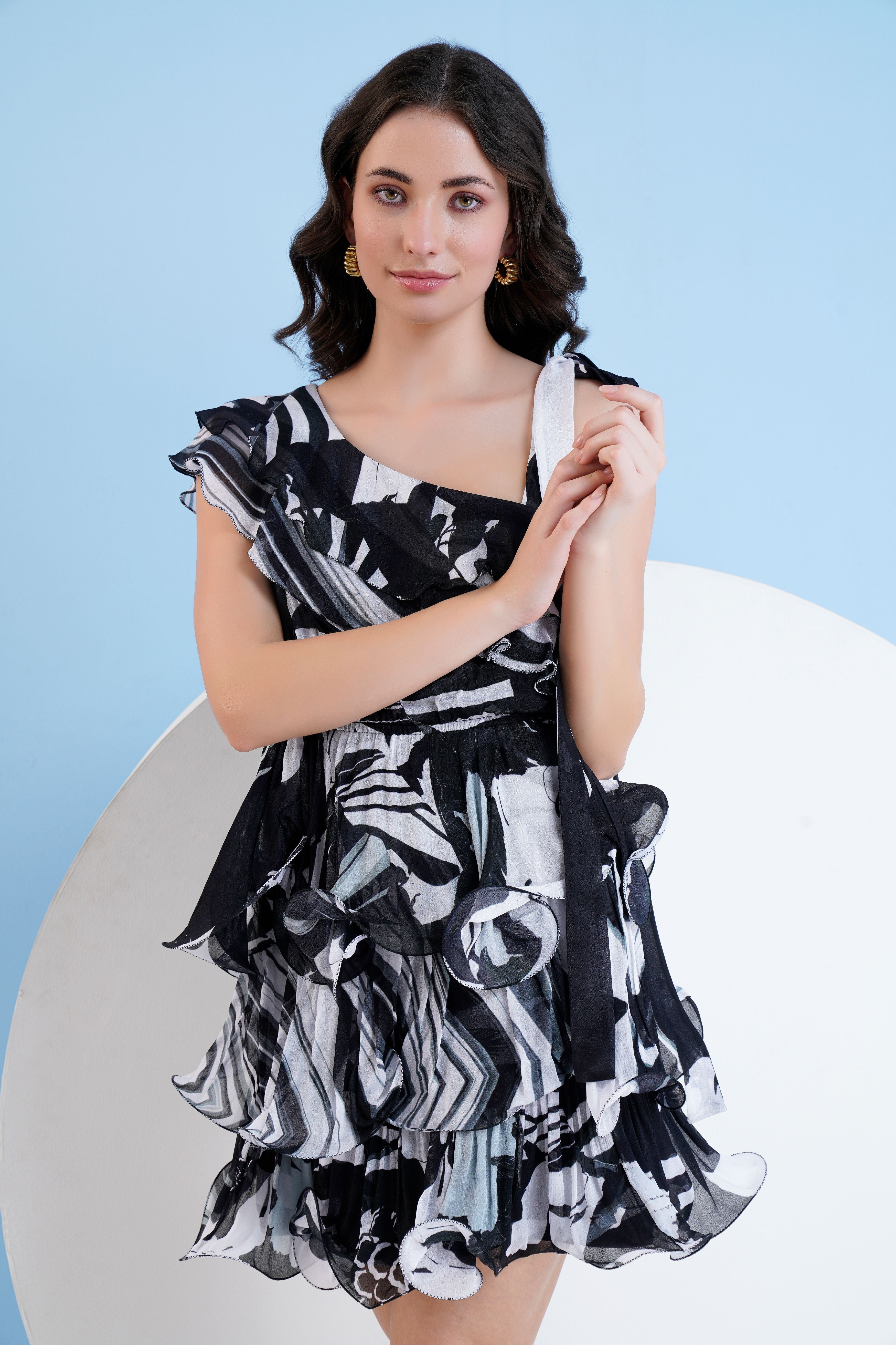 Black Printed Tiered Short Dress