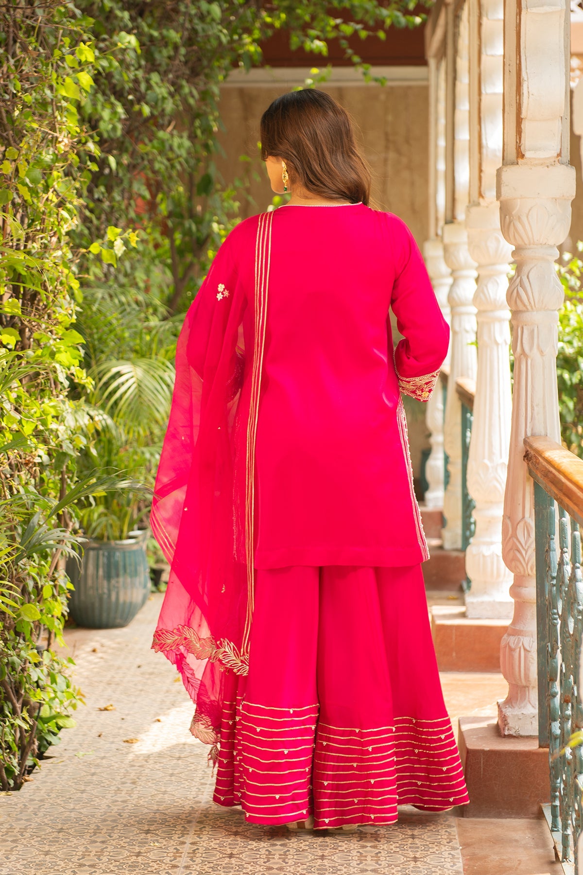 Rani Pink Silk Short Kurta and Sharara Set with Organza Dupatta