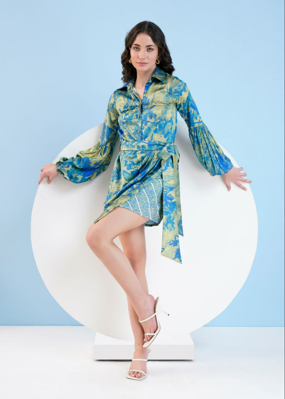 Gold Foil Printed Short Dress with Belt