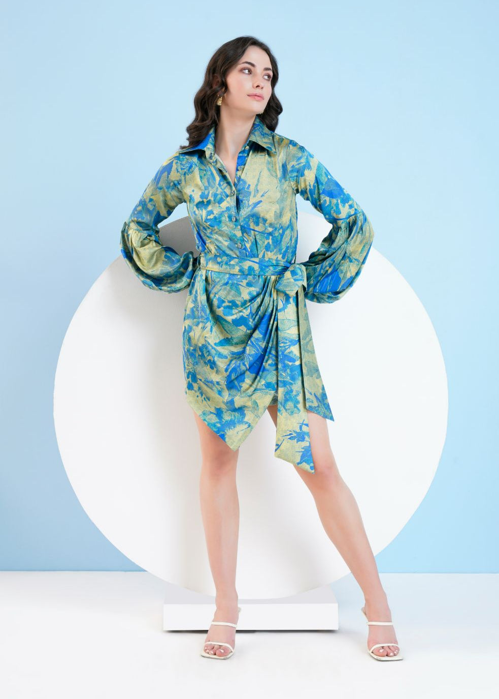 Gold Foil Printed Short Dress with Belt