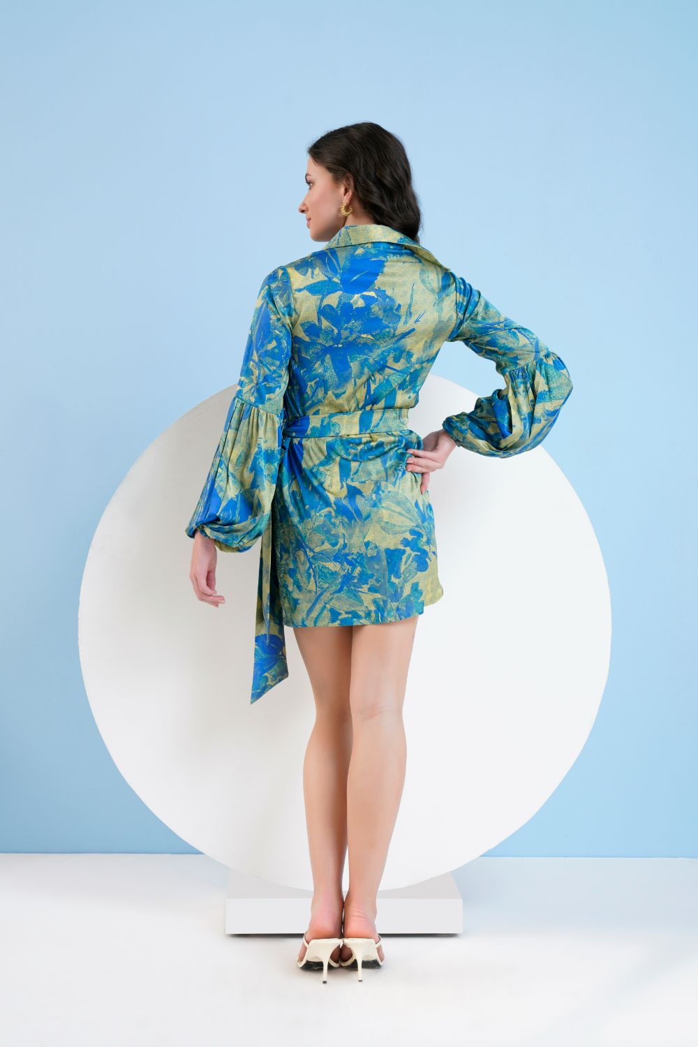 Gold Foil Printed Short Dress with Belt
