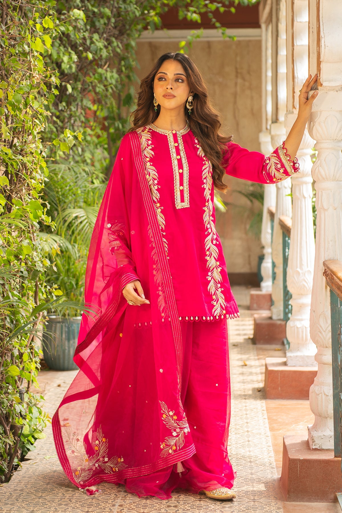 Kriti Rani Pink Embroidered Silk Kurta Sharara Set with Organza Dupatta