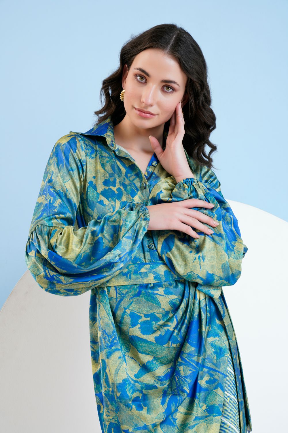 Gold Foil Printed Short Dress with Belt