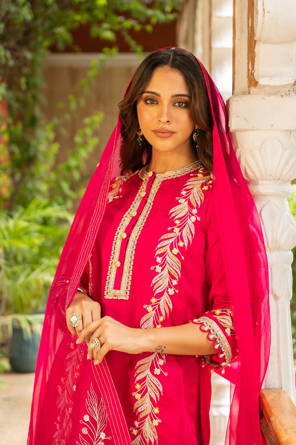Kriti Rani Pink Embroidered Silk Kurta Sharara Set with Organza Dupatta