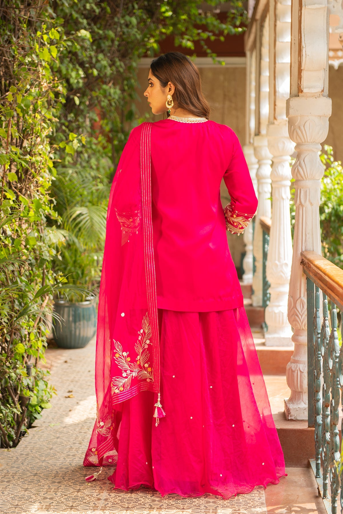 Kriti Rani Pink Embroidered Silk Kurta Sharara Set with Organza Dupatta