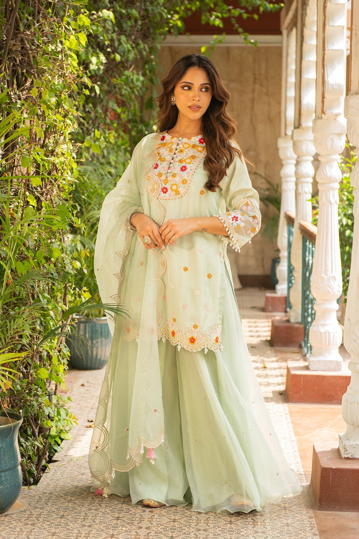 Gehna Sea Green Silk Kurta Sharara Set with Organza Dupatta