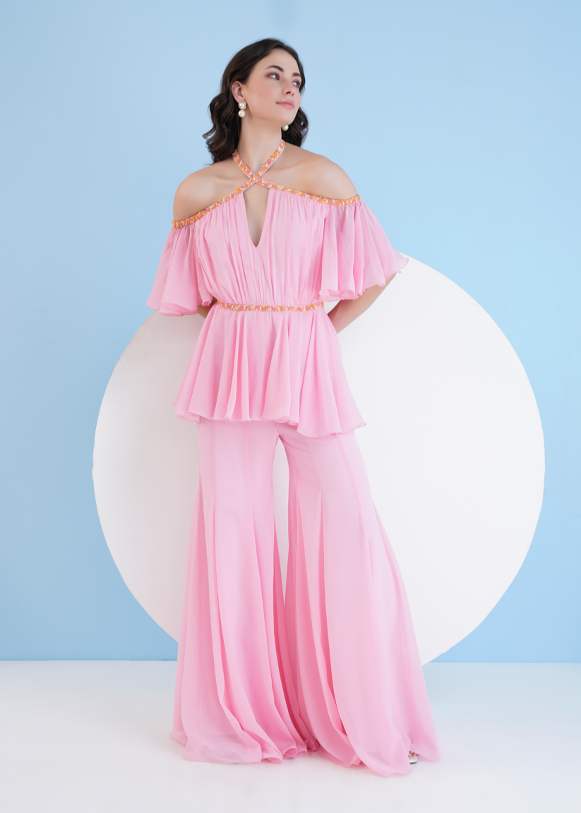 Solid Pink Embroidered Jumpsuit
