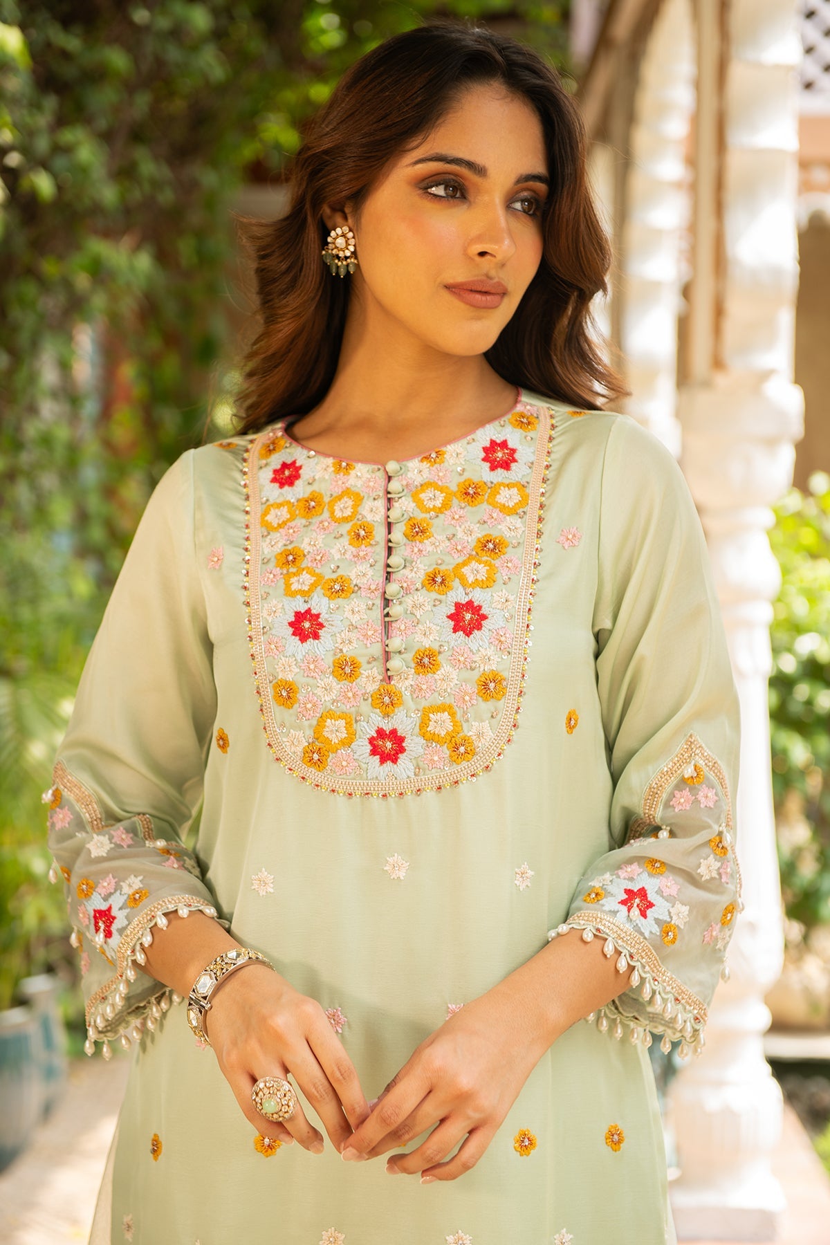 Gehna Sea Green Silk Kurta Sharara Set with Organza Dupatta