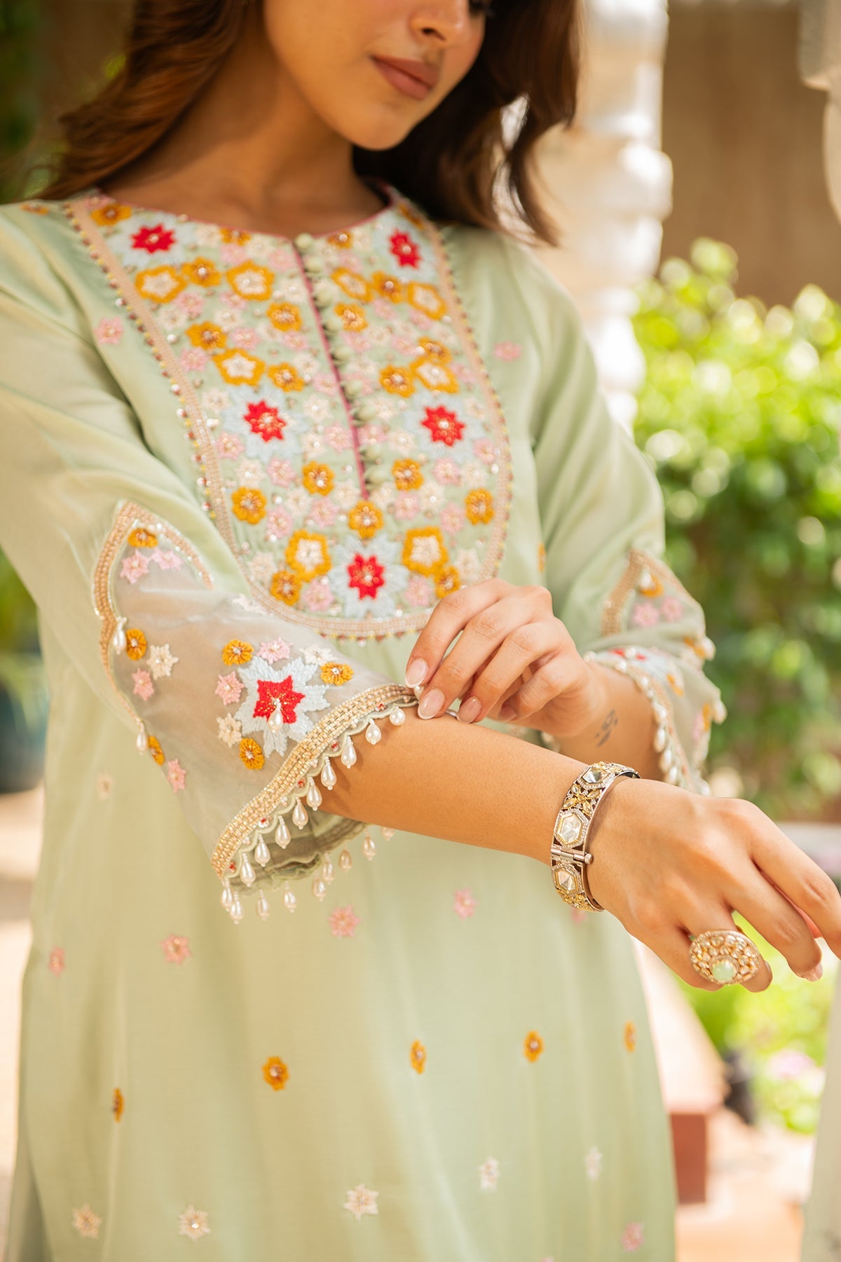 Gehna Sea Green Silk Kurta Sharara Set with Organza Dupatta