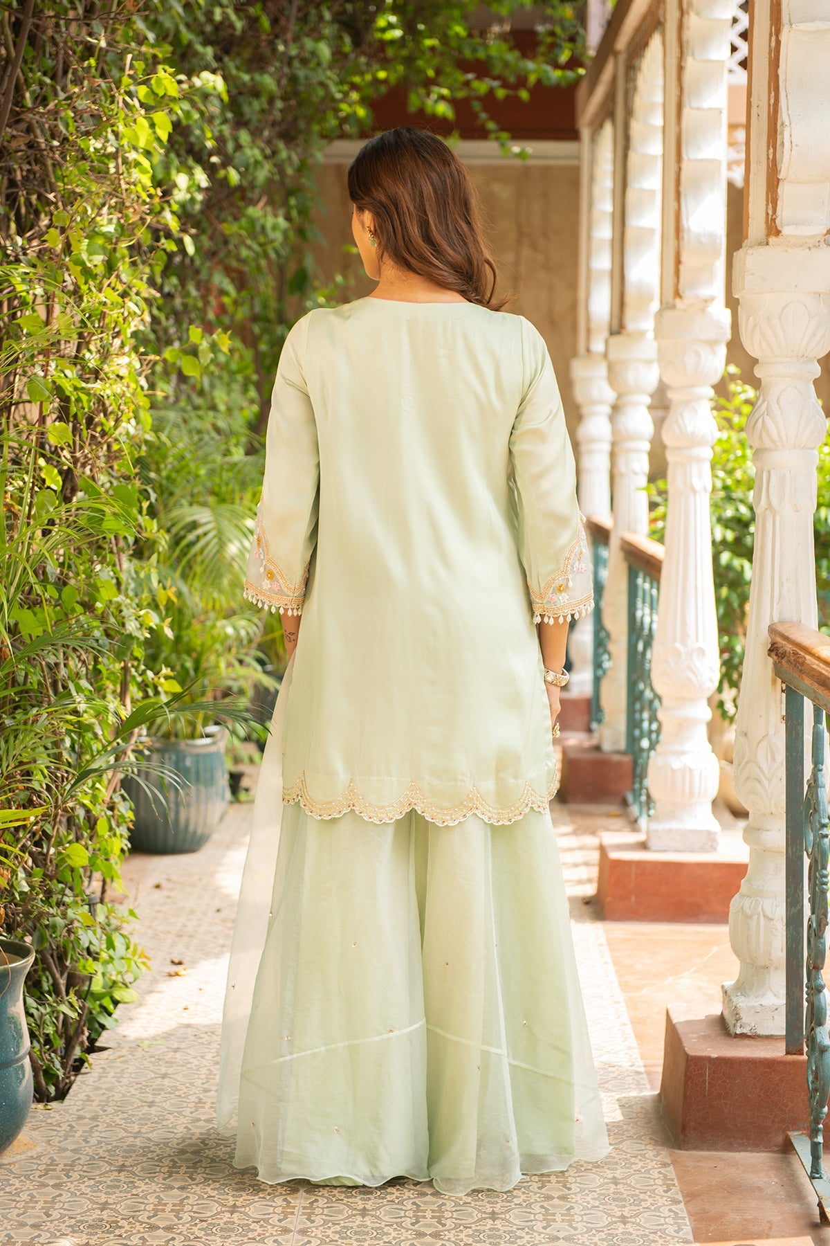 Gehna Sea Green Silk Kurta Sharara Set with Organza Dupatta
