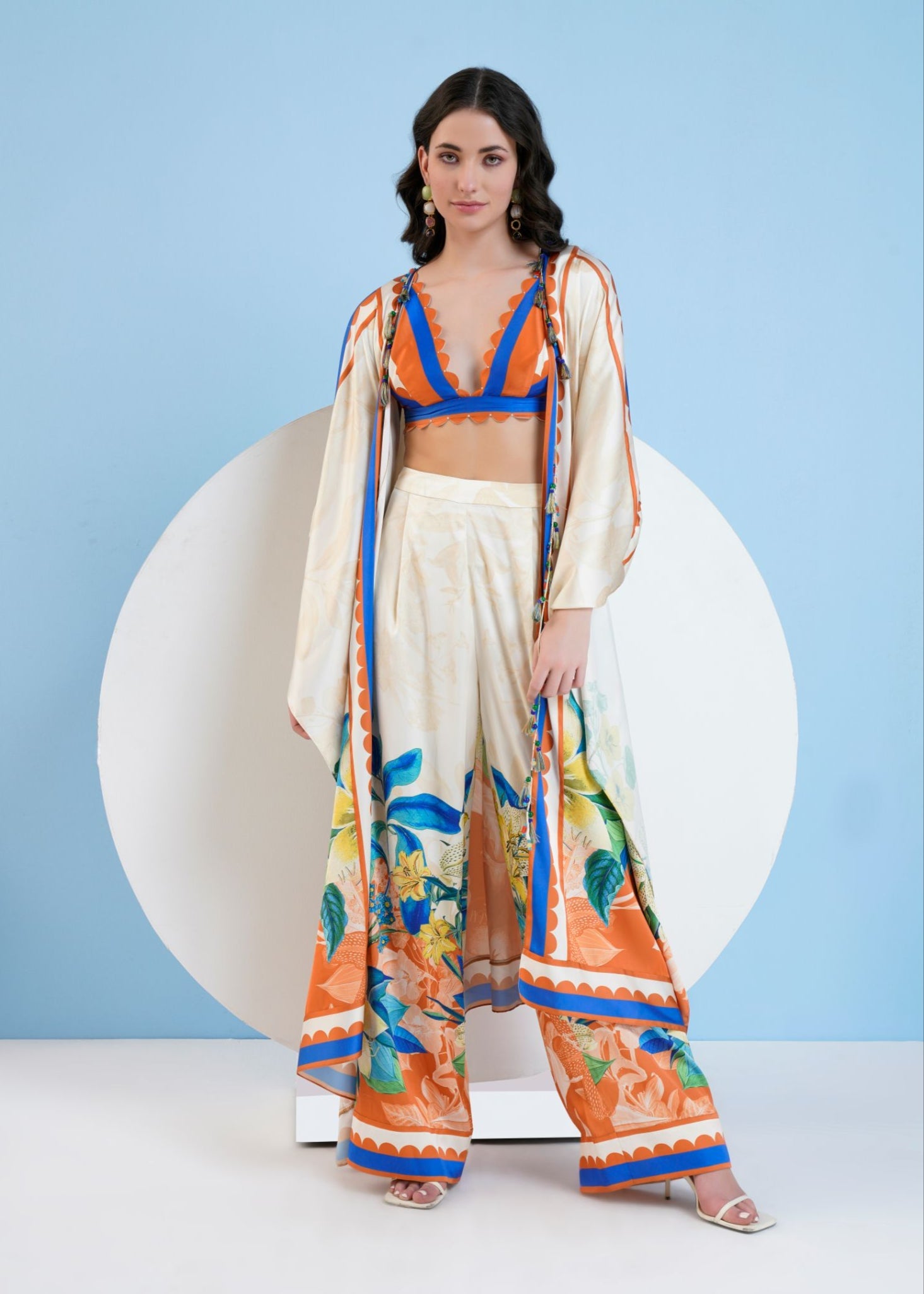 Vivid Floral Cape & Pants Set with Bustier