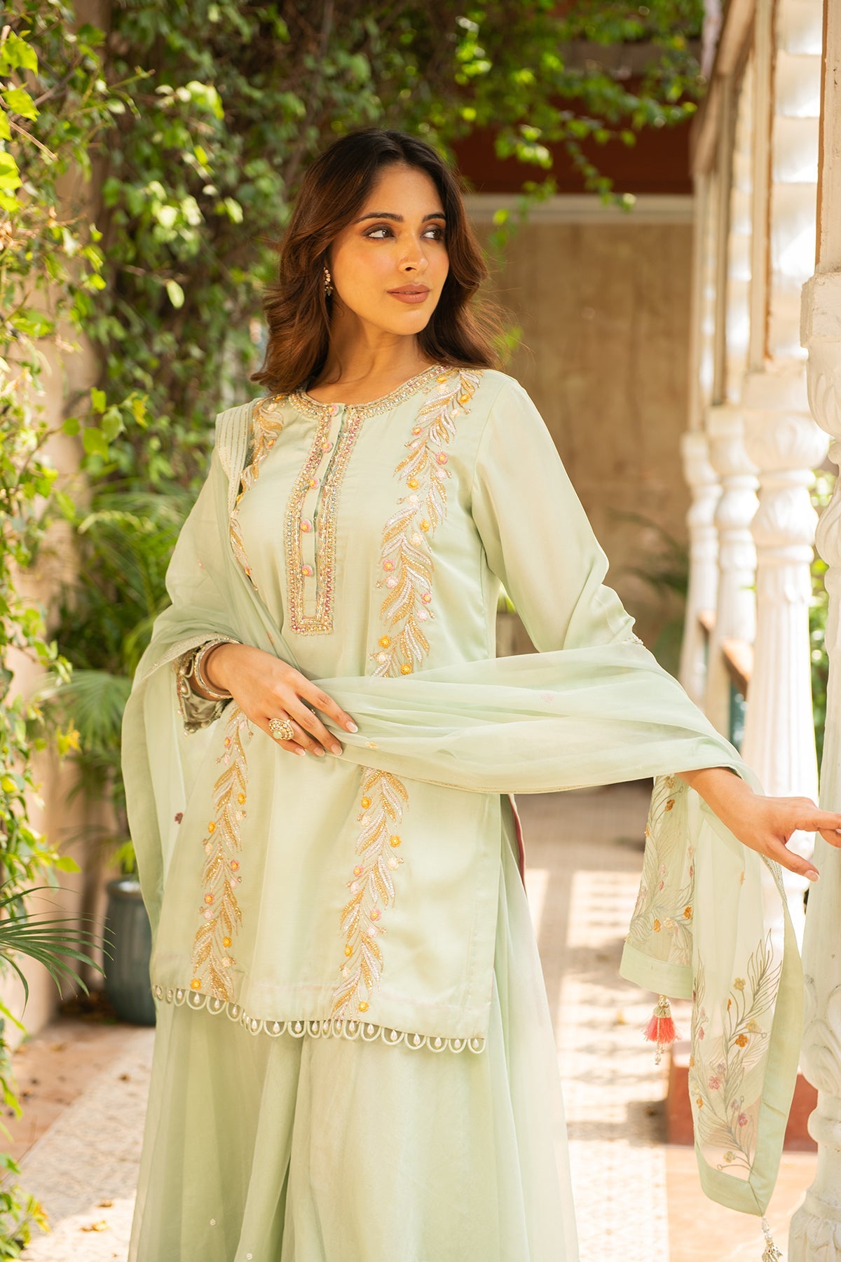 Kriti Sea Green Embroidered Silk Kurta and Embellished Sharara Set