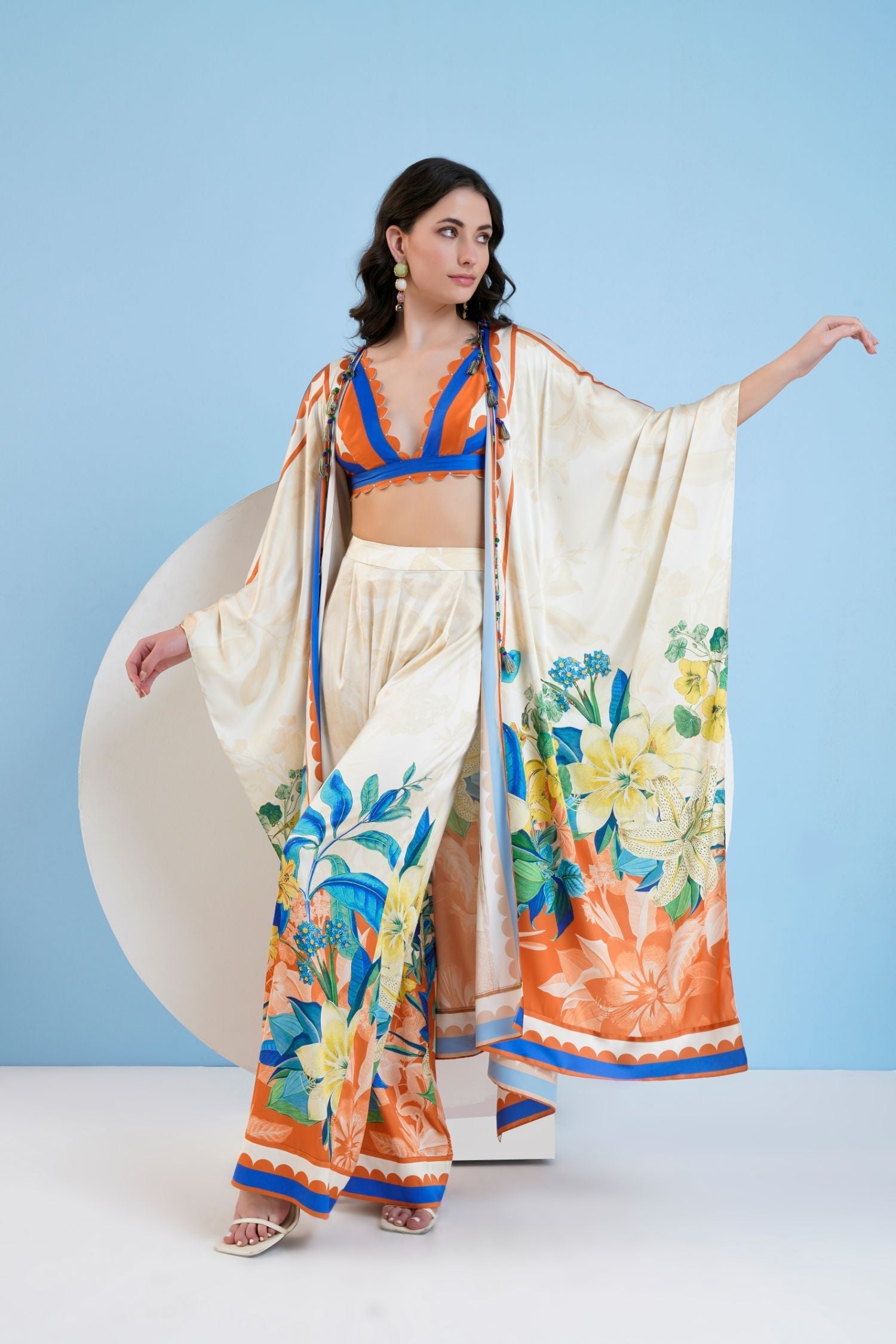 Vivid Floral Cape & Pants Set with Bustier
