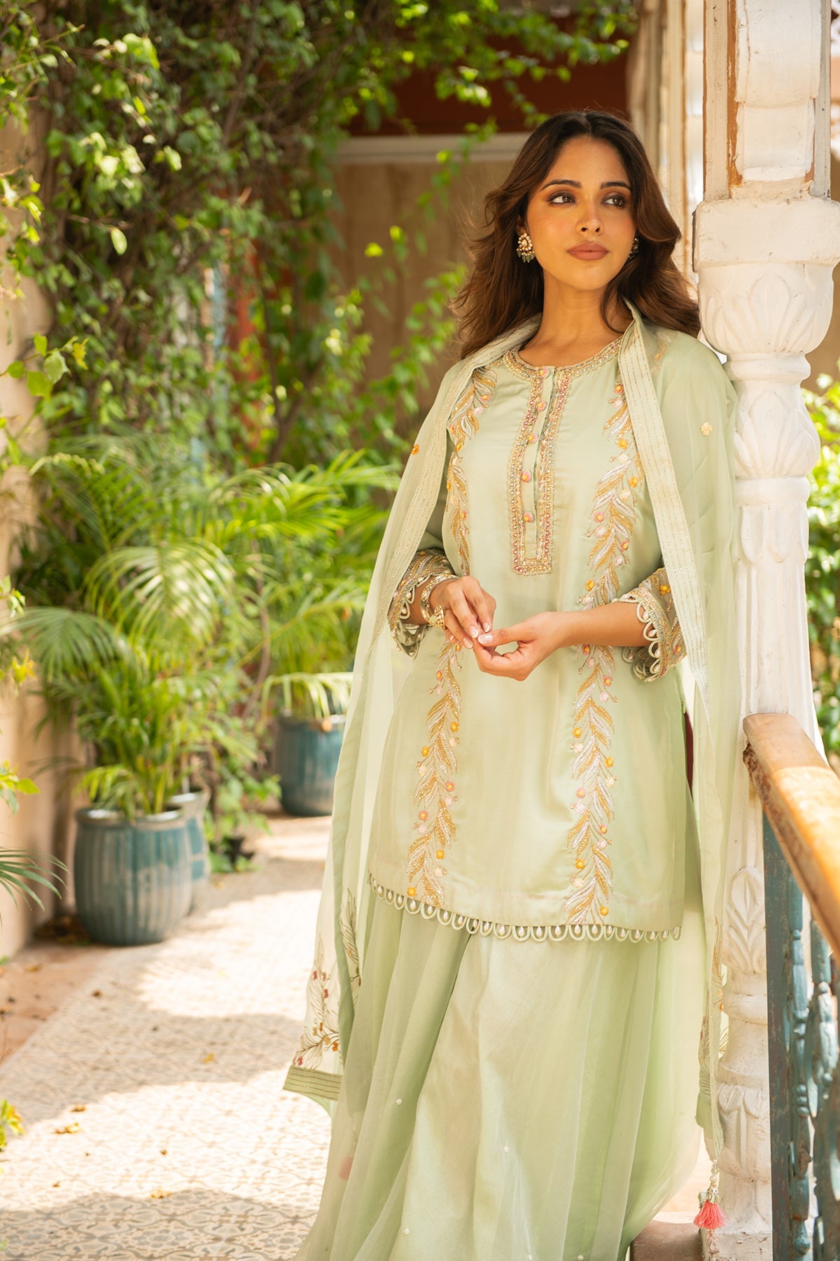 Kriti Sea Green Embroidered Silk Kurta and Embellished Sharara Set
