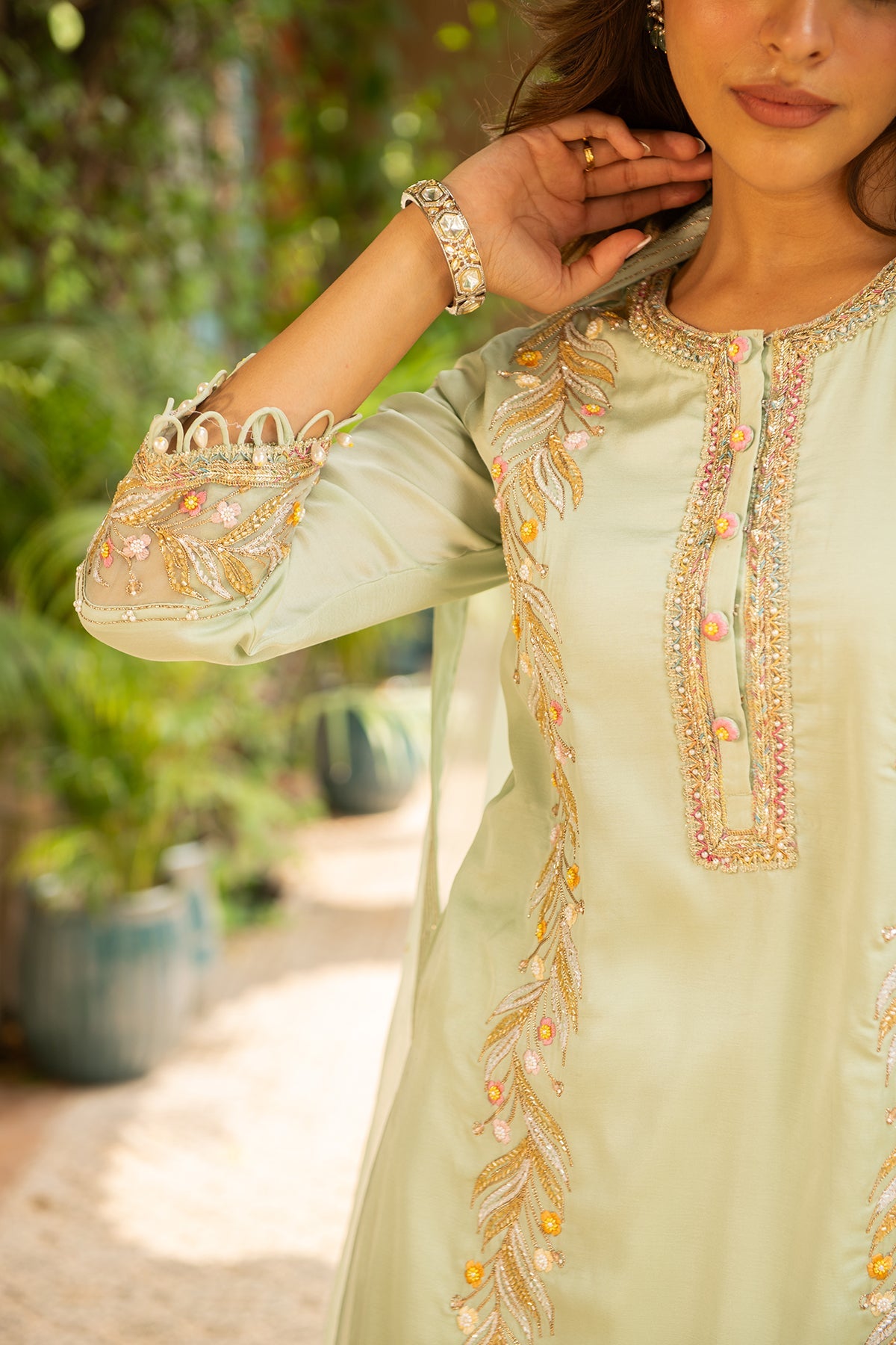 Kriti Sea Green Embroidered Silk Kurta and Embellished Sharara Set