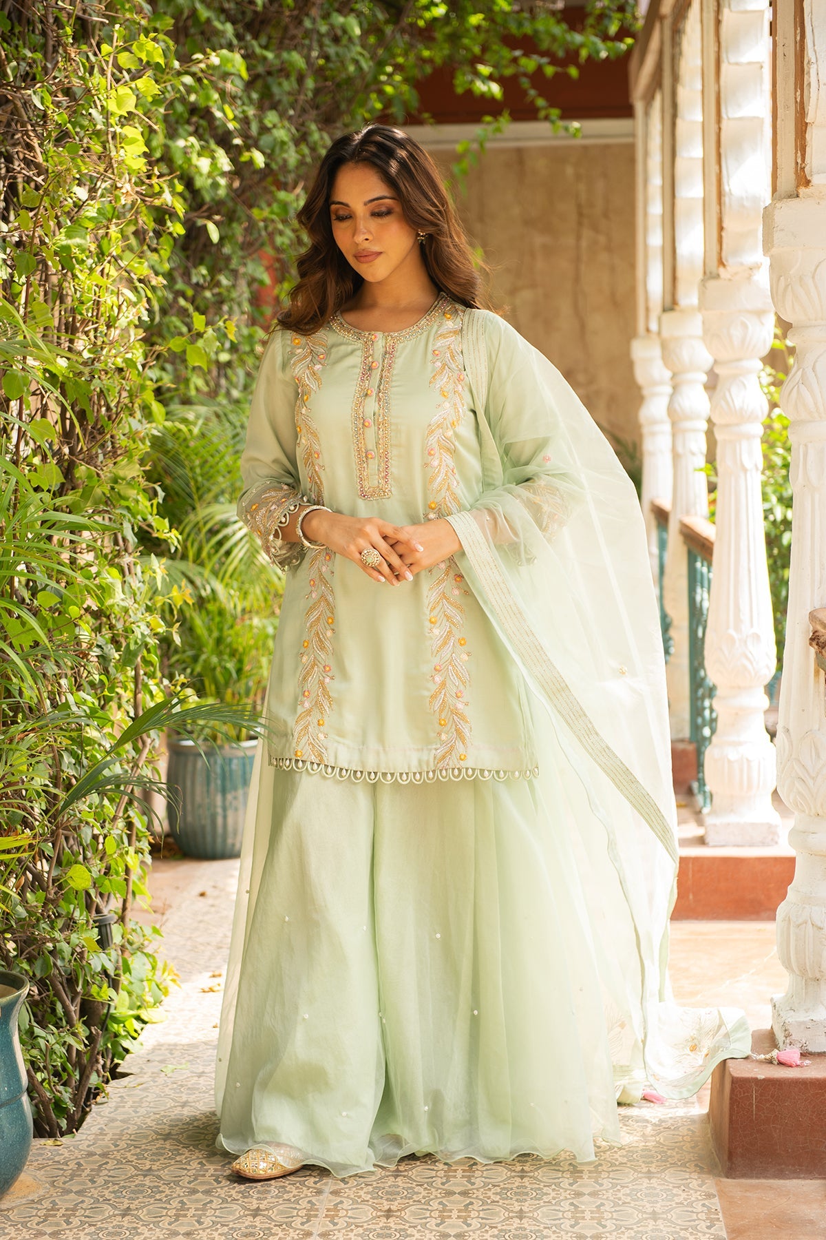 Kriti Sea Green Embroidered Silk Kurta and Embellished Sharara Set