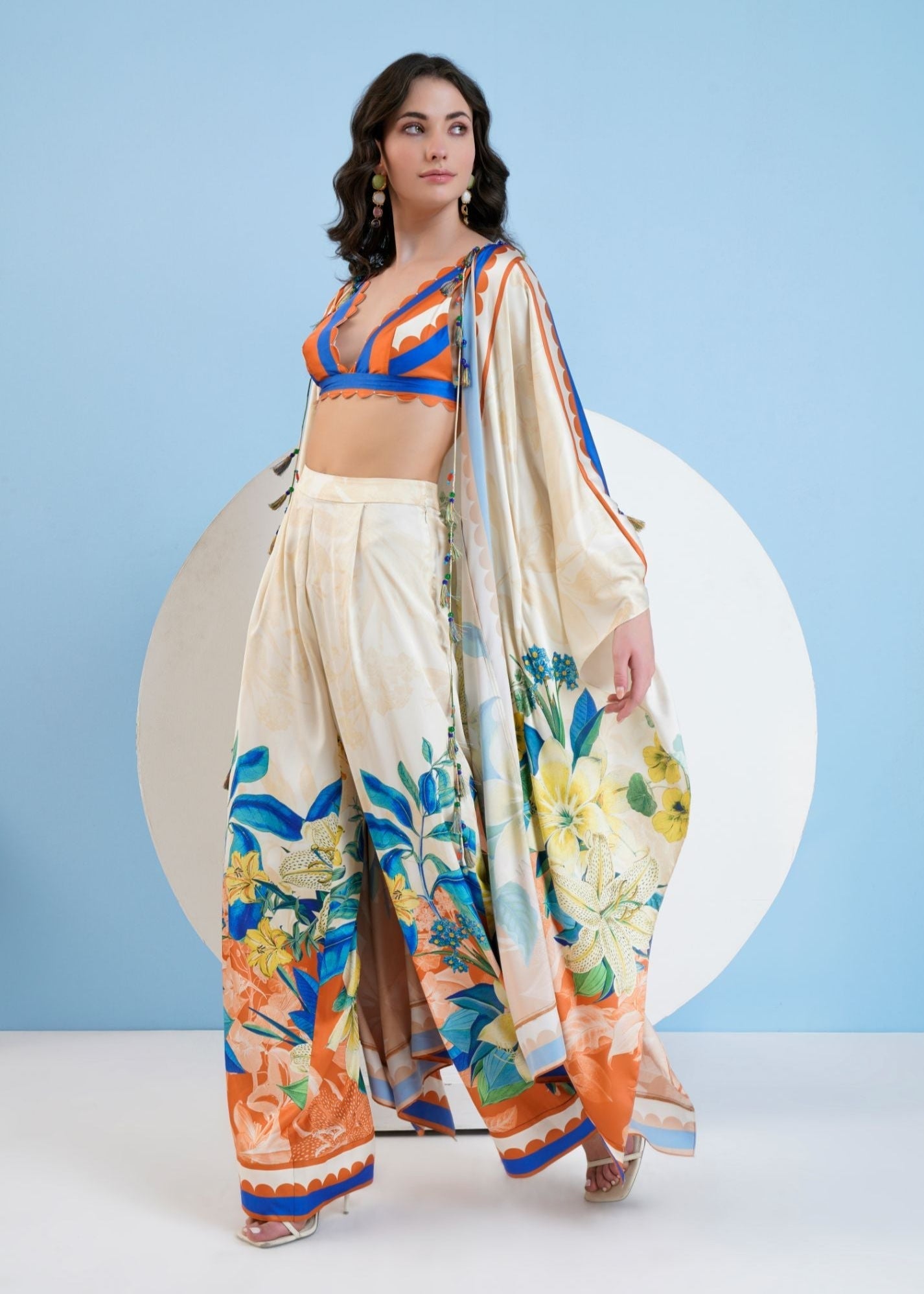 Vivid Floral Cape & Pants Set with Bustier