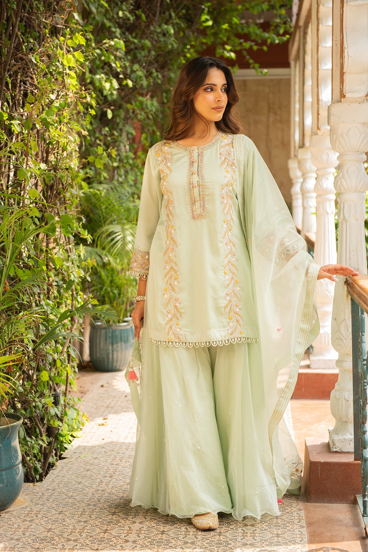 Kriti Sea Green Embroidered Silk Kurta and Embellished Sharara Set