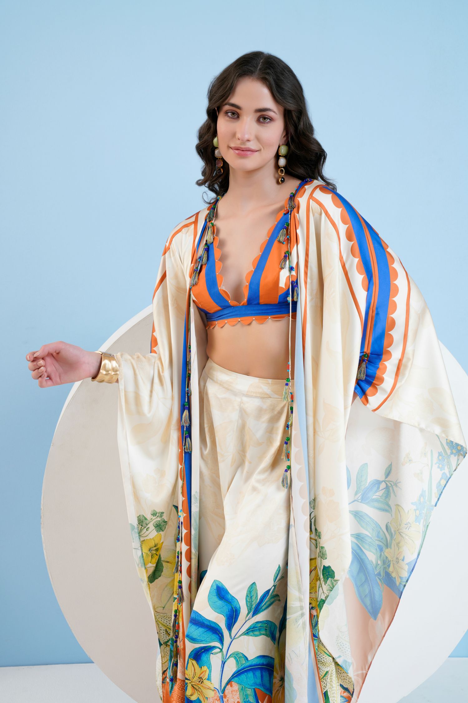 Vivid Floral Cape & Pants Set with Bustier