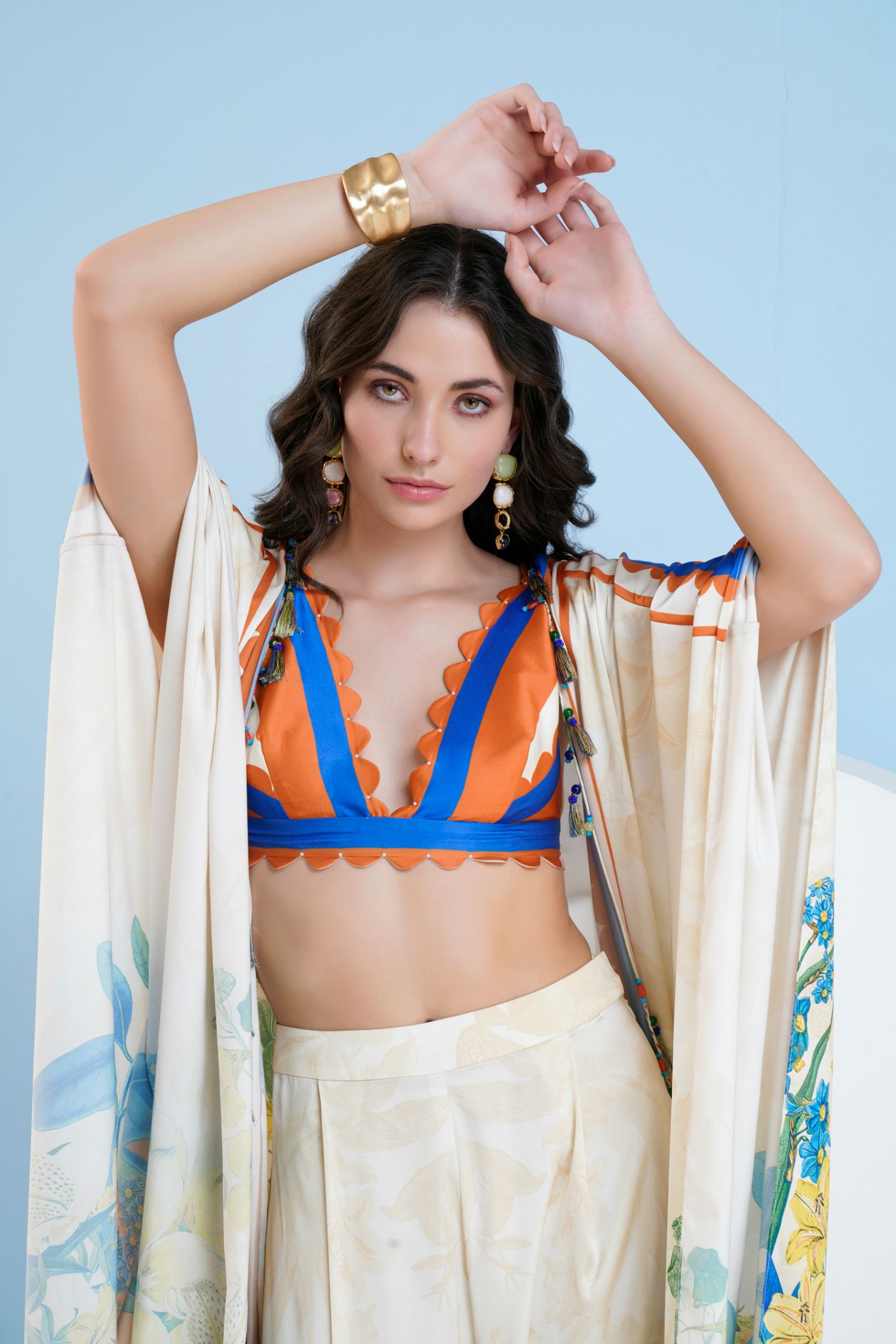 Vivid Floral Cape & Pants Set with Bustier