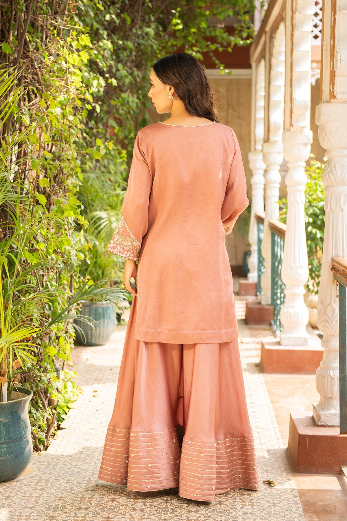 Old Rose Silk Kurta with Pearl Border Sharara & Organza Dupatta