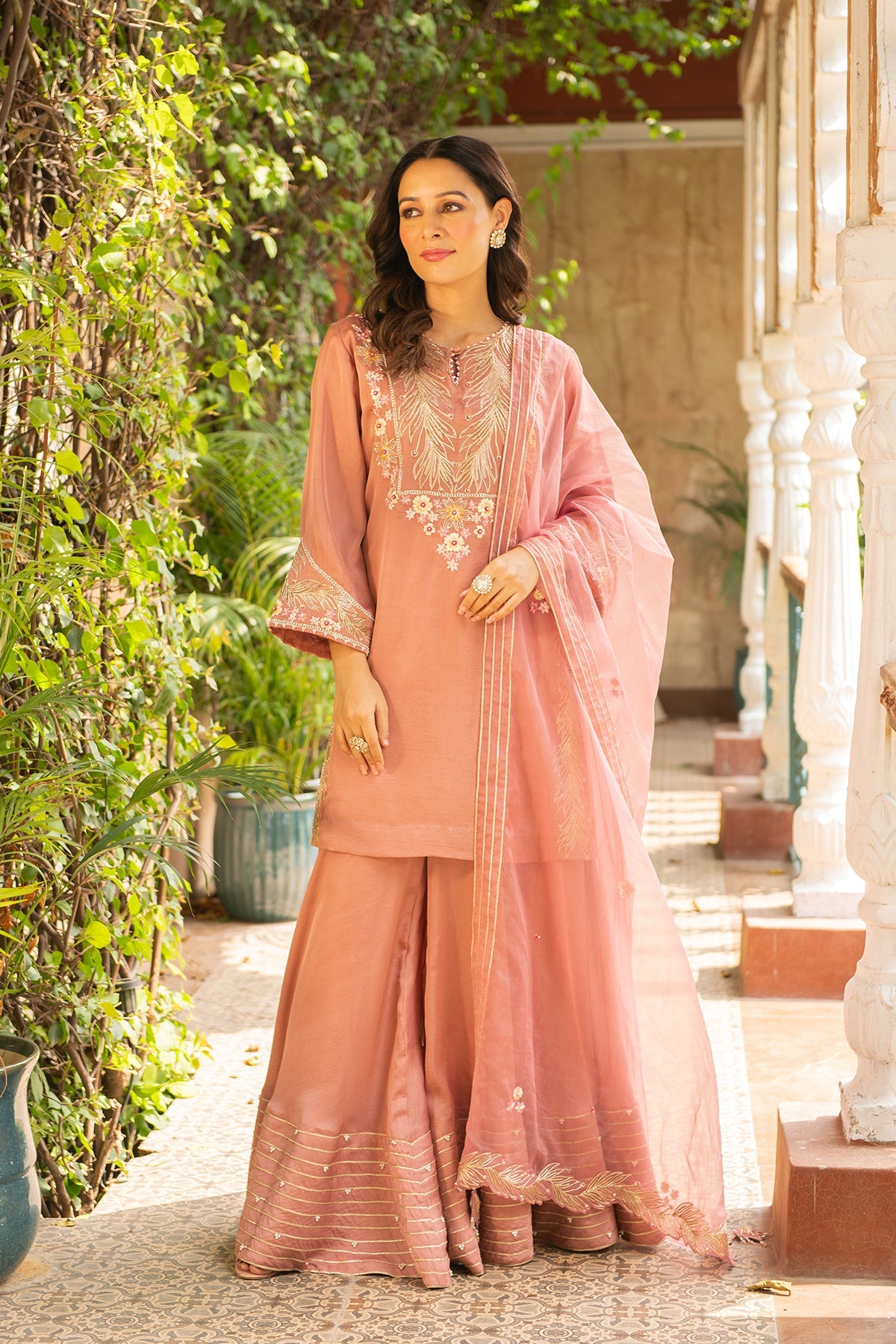 Old Rose Silk Kurta with Pearl Border Sharara & Organza Dupatta