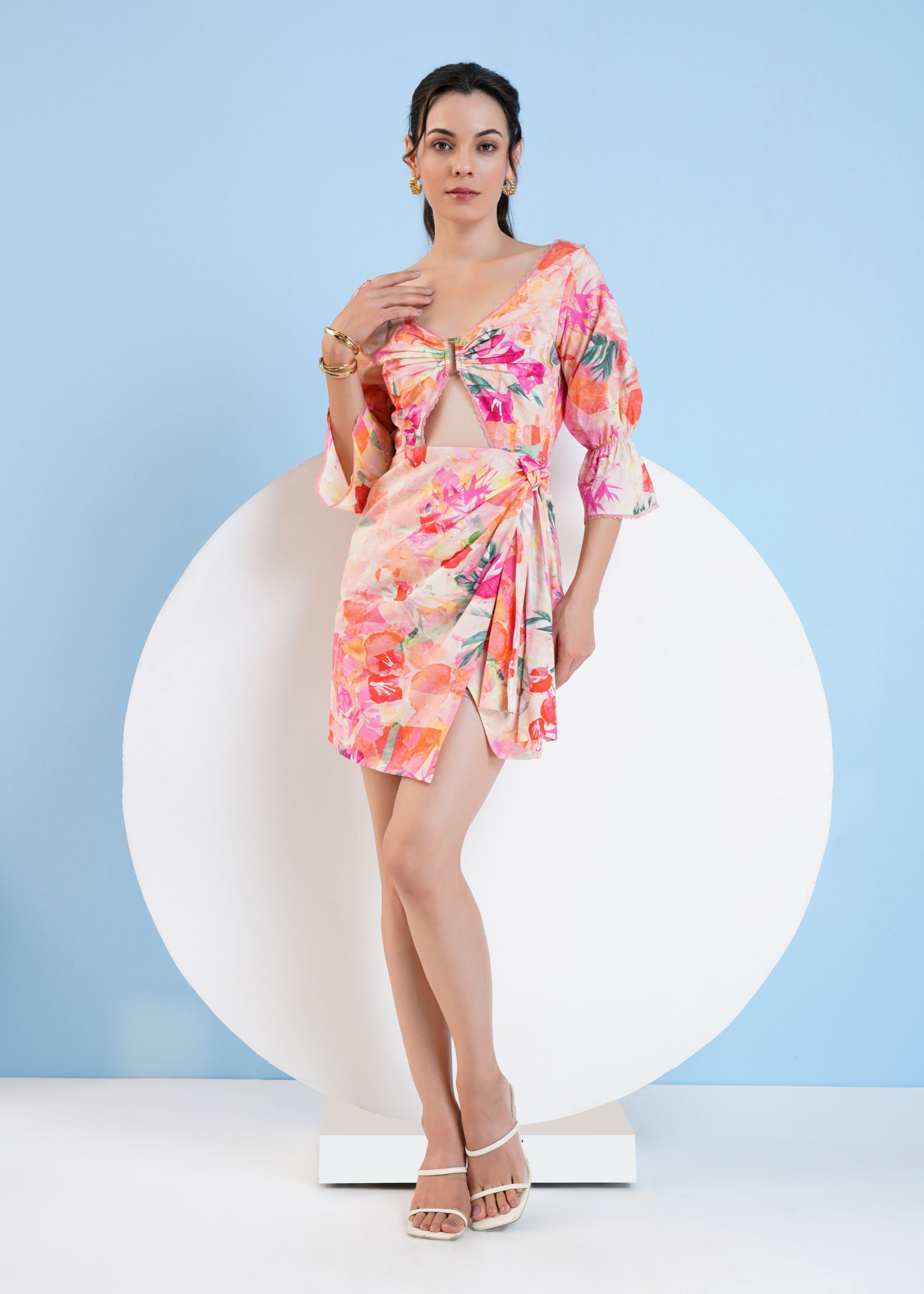 Printed Short Dress with Buckle Detailing