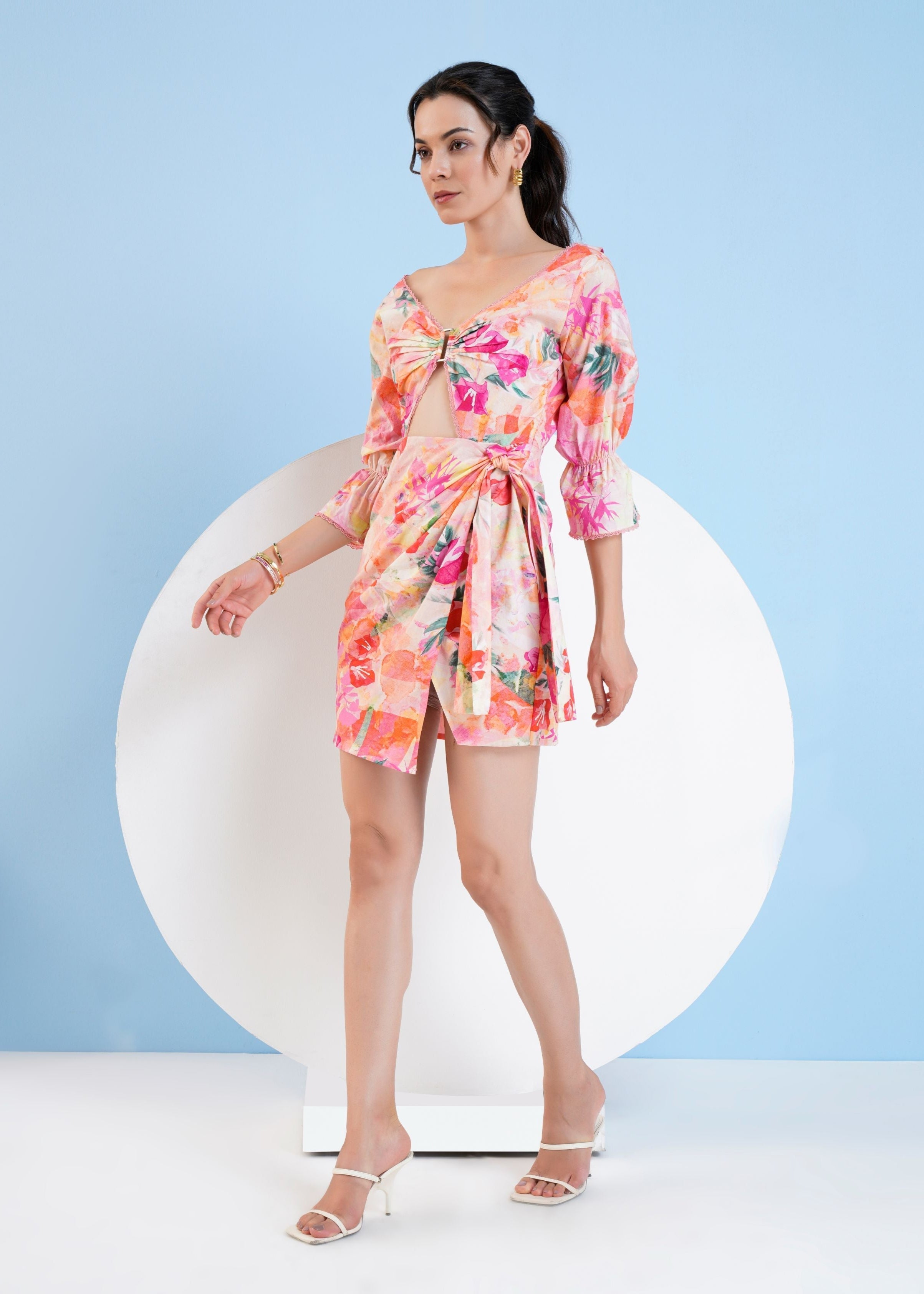 Printed Short Dress with Buckle Detailing