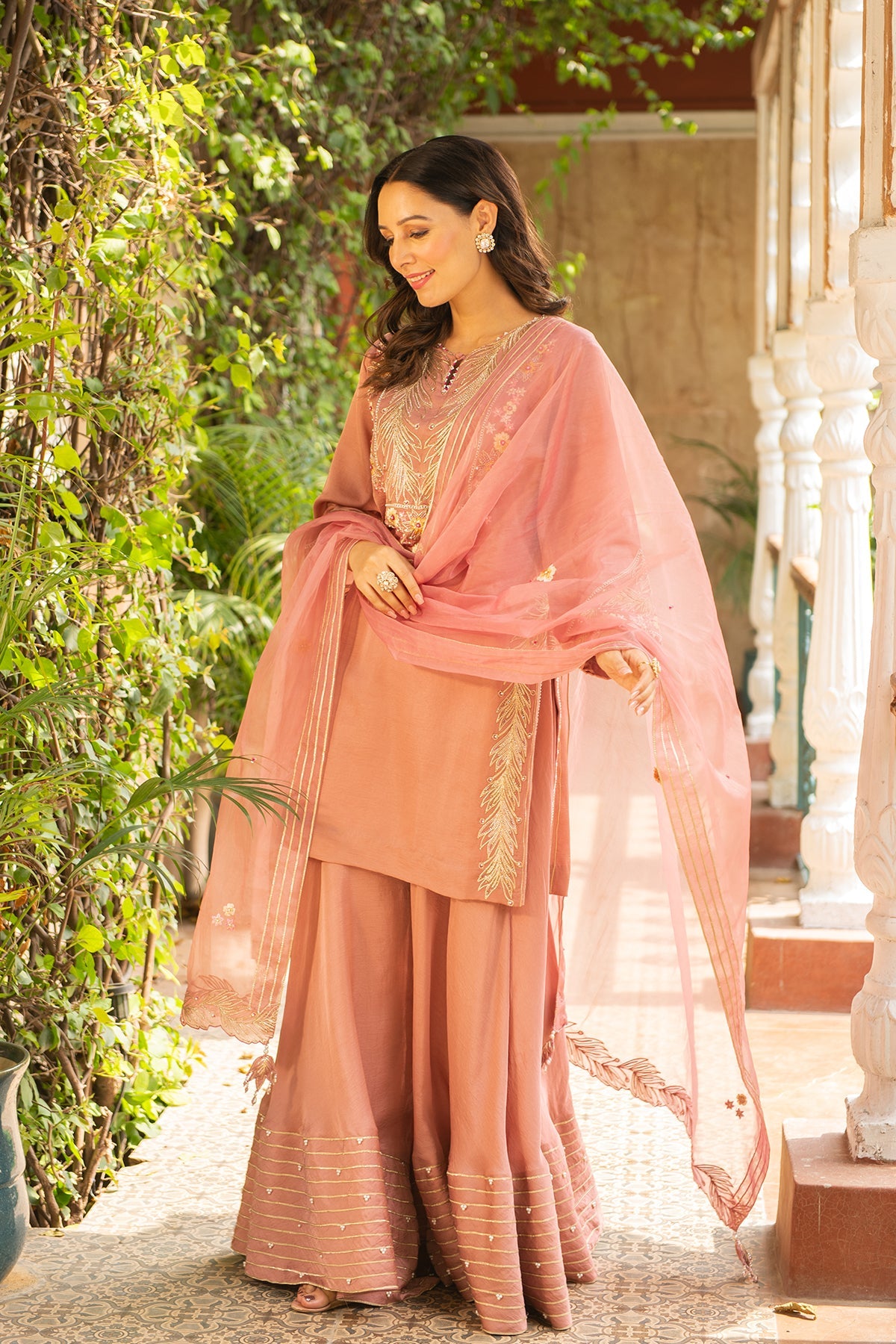 Old Rose Silk Kurta with Pearl Border Sharara & Organza Dupatta
