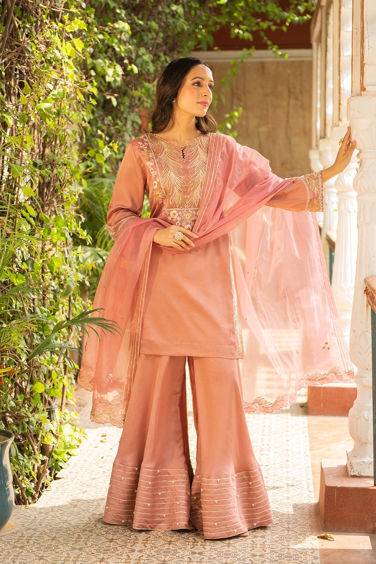 Old Rose Silk Kurta with Pearl Border Sharara & Organza Dupatta