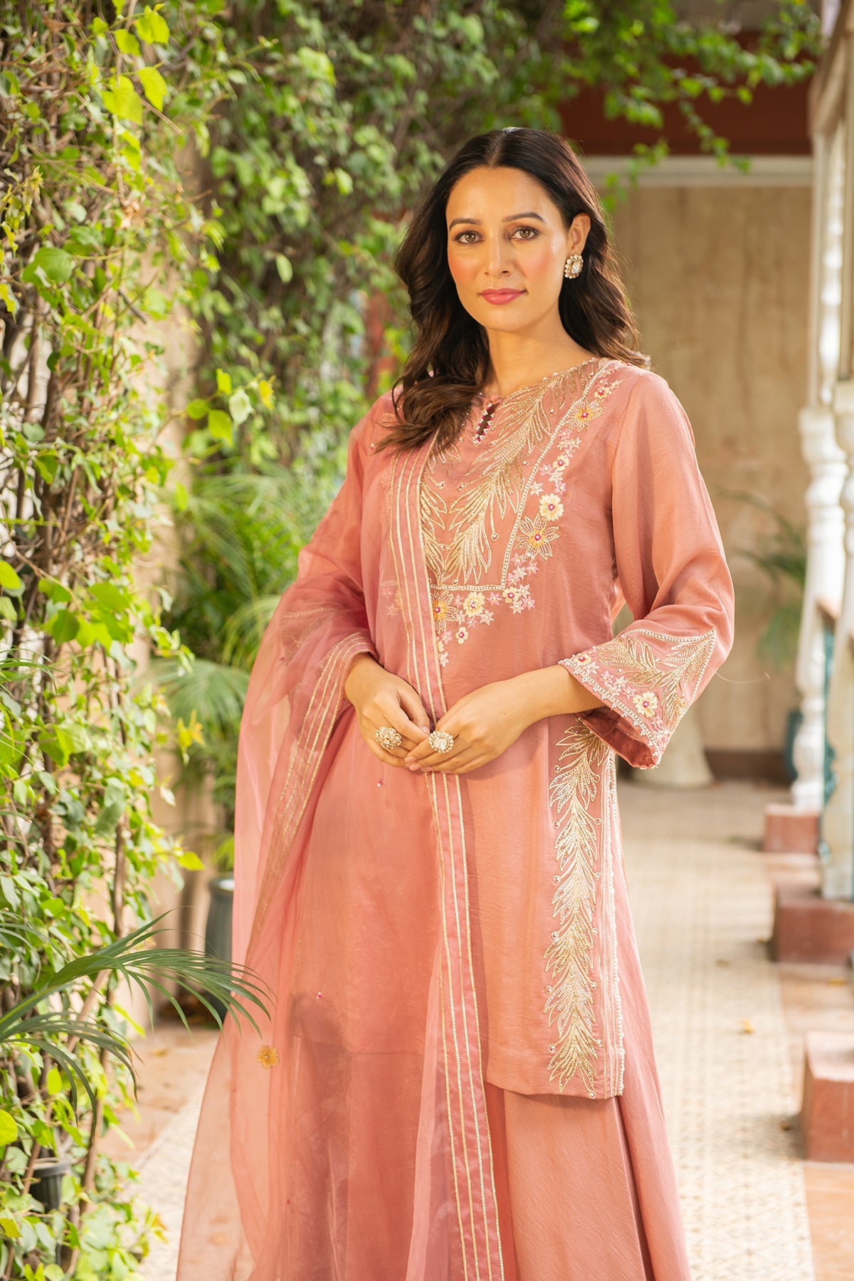 Old Rose Silk Kurta with Pearl Border Sharara & Organza Dupatta
