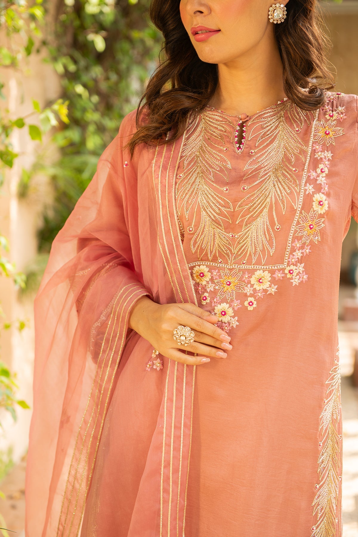 Old Rose Silk Kurta with Pearl Border Sharara & Organza Dupatta