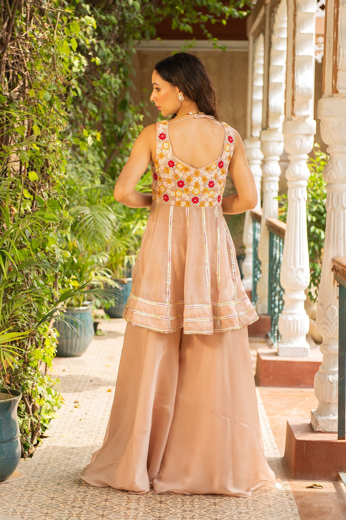 Old Rose Organza Peplum Kurta with Sharara & Frill Dupatta