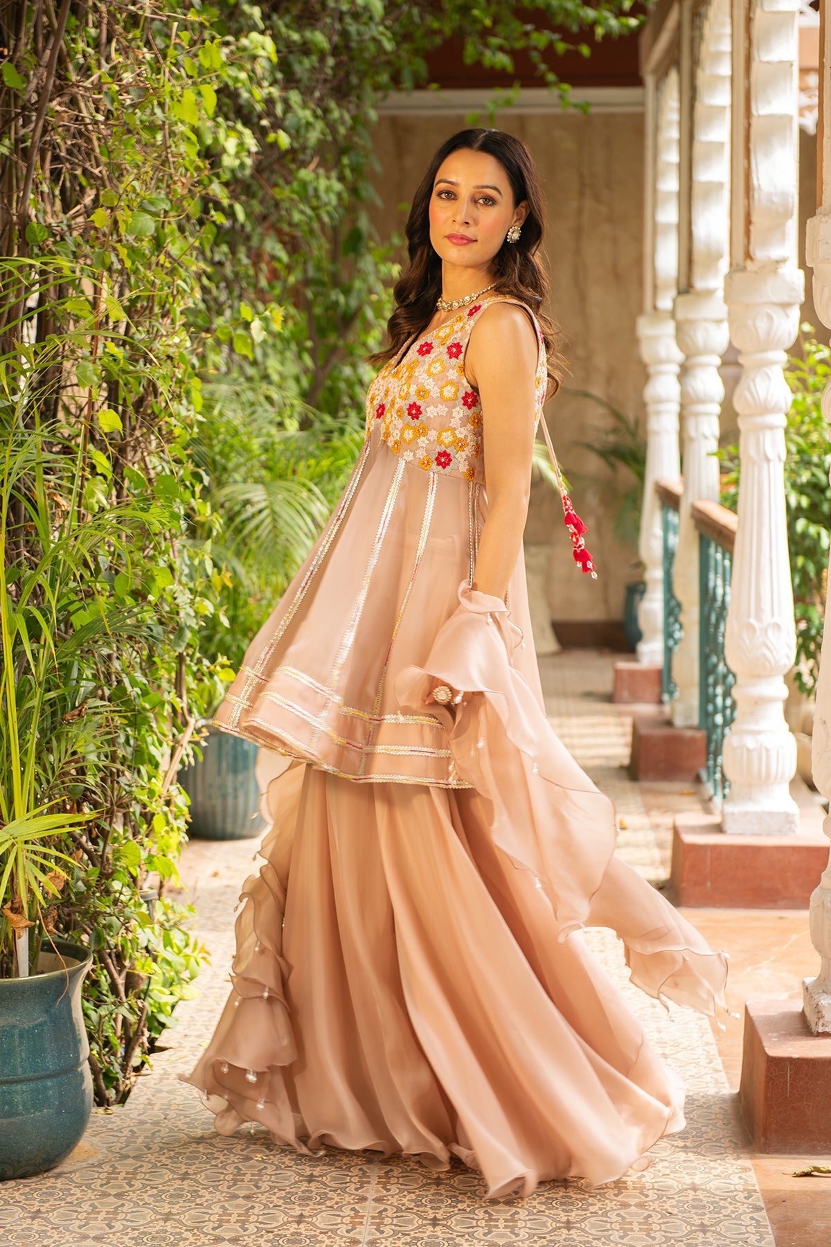 Old Rose Organza Peplum Kurta with Sharara & Frill Dupatta