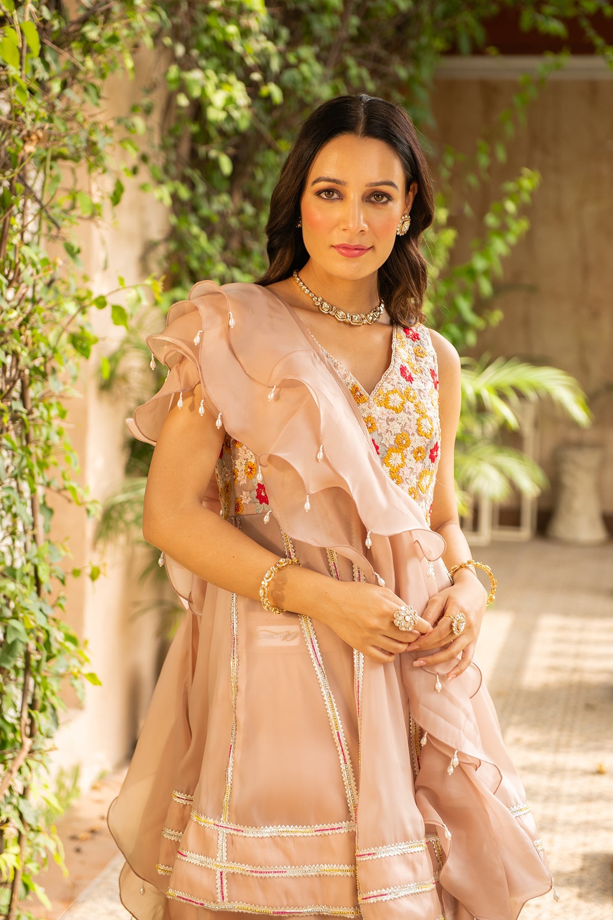 Old Rose Organza Peplum Kurta with Sharara & Frill Dupatta