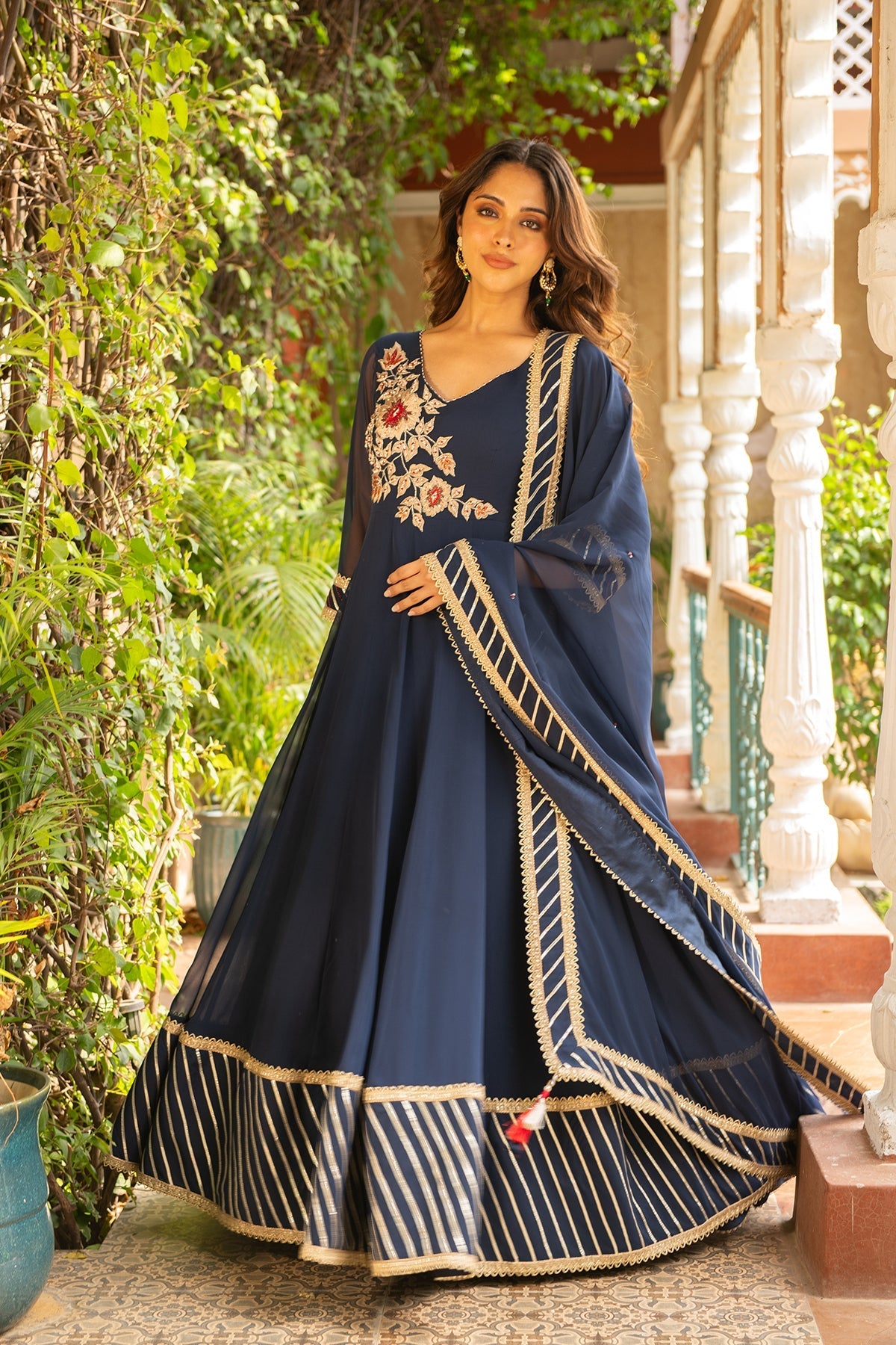 Anjum Navy Blue Embroidered Georgette Anarkali Set - Festive Wear