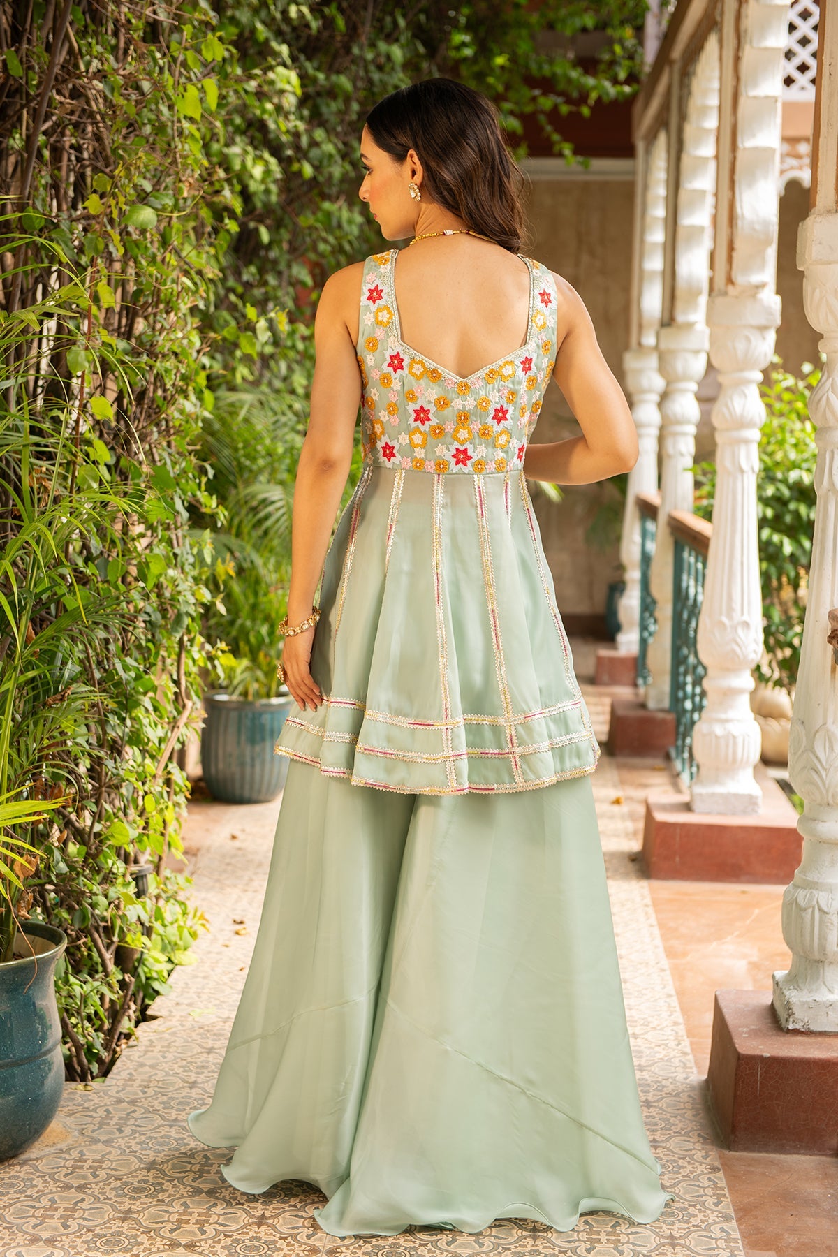 KOYAL Sea Green Organza Peplum Sharara Set - Luxury Festive Wear