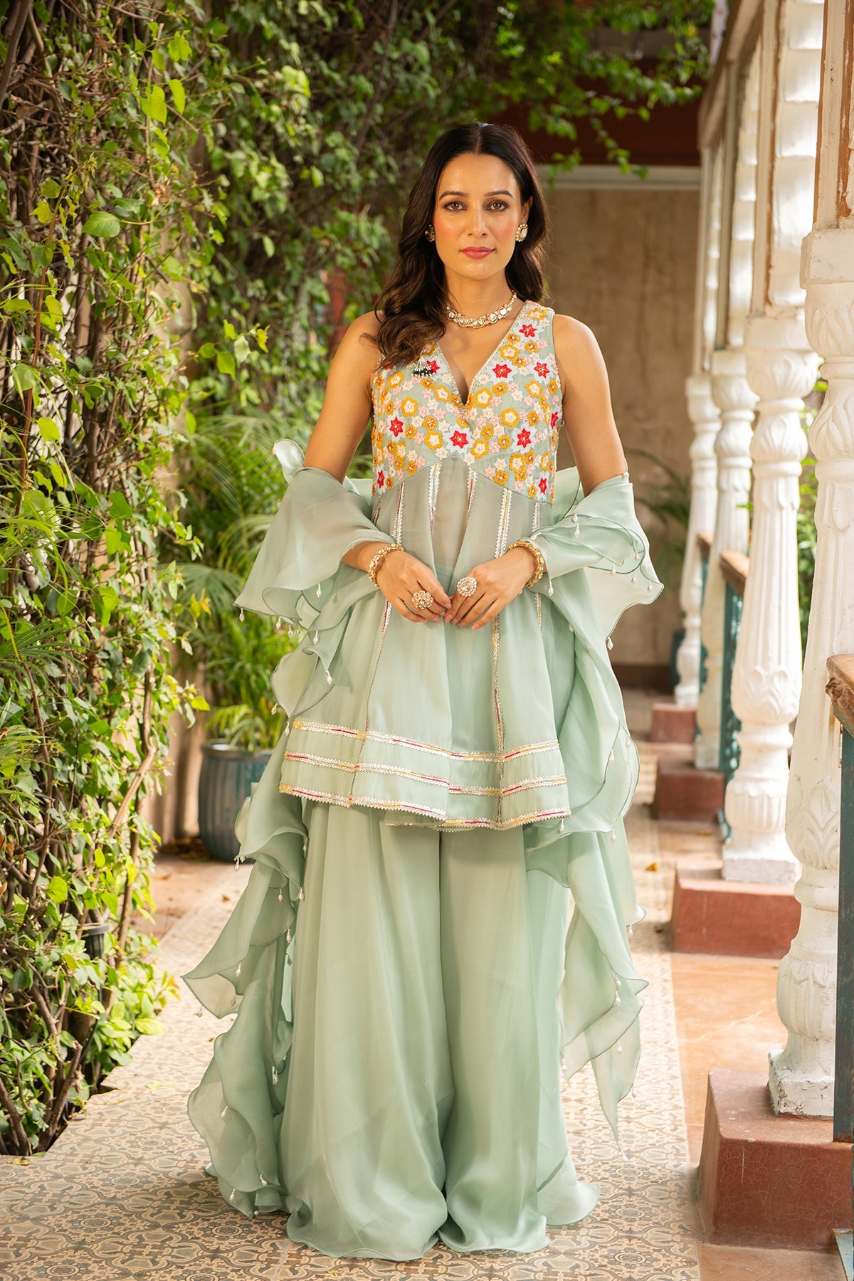 KOYAL Sea Green Organza Peplum Sharara Set - Luxury Festive Wear