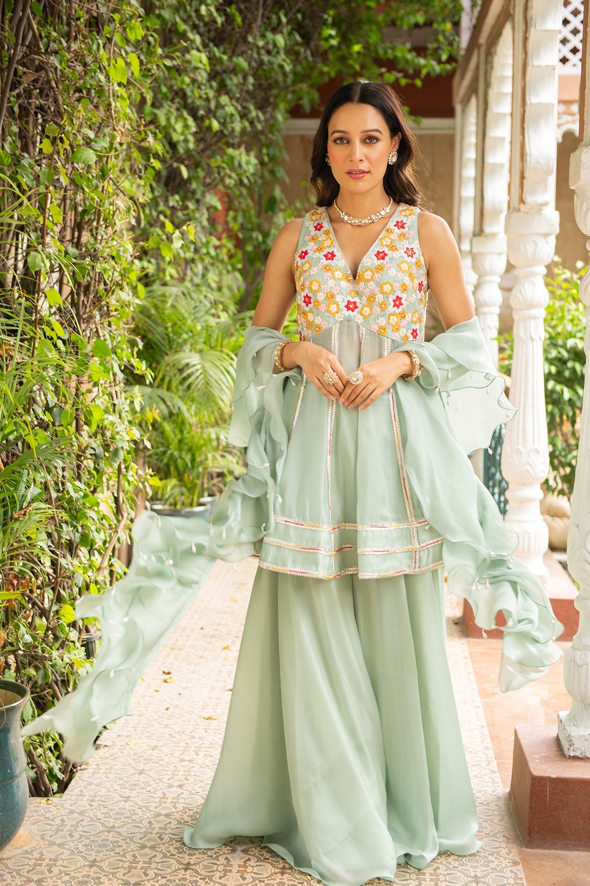 KOYAL Sea Green Organza Peplum Sharara Set - Luxury Festive Wear
