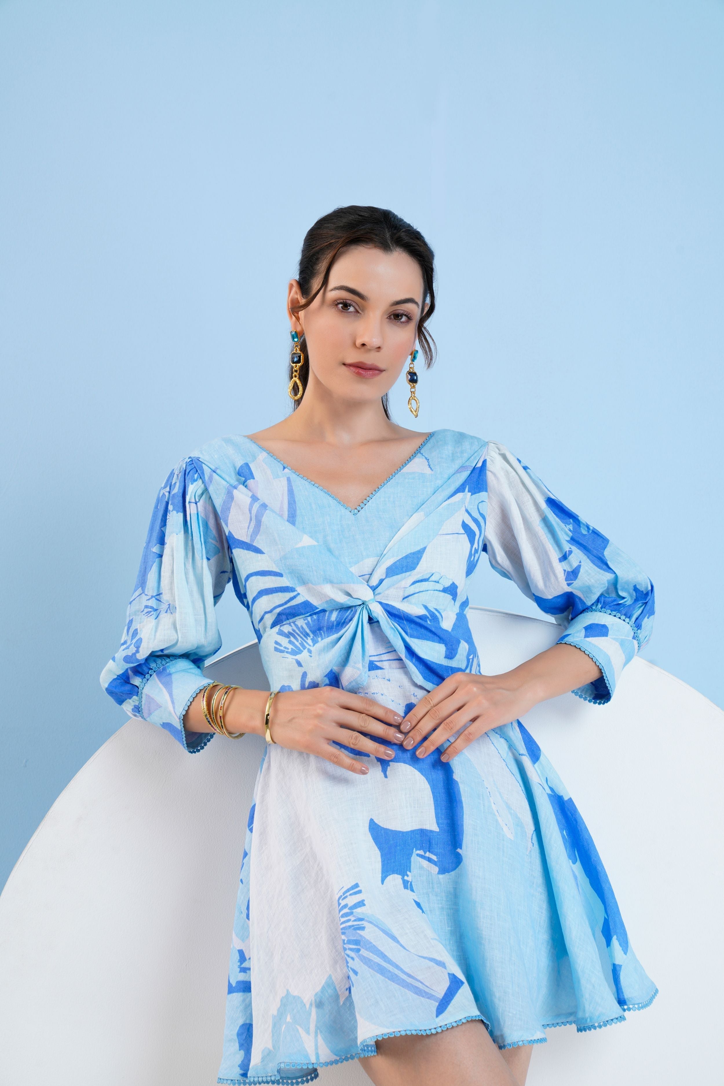 Blue Cotton Short Dress with Knot Detailing