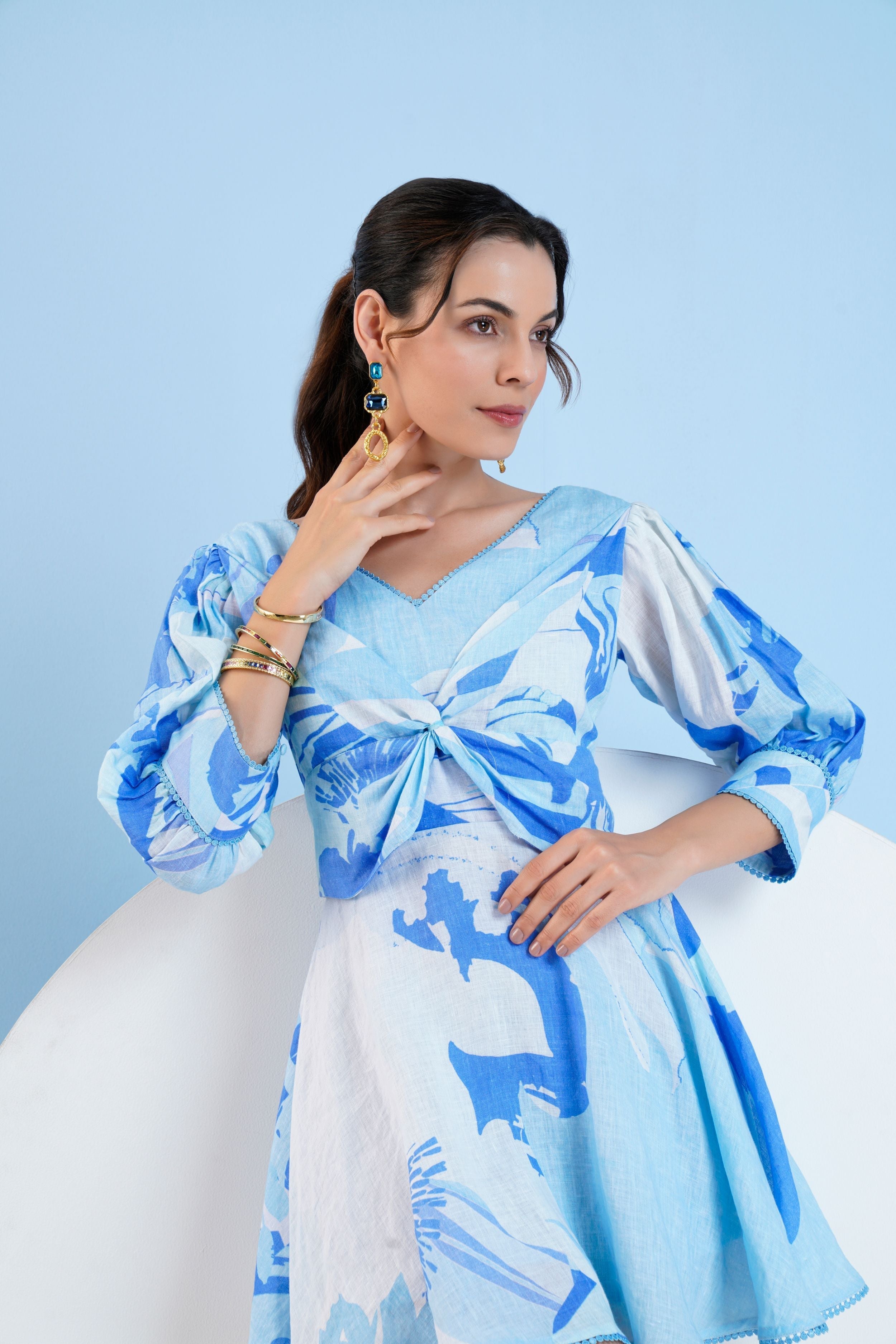 Blue Cotton Short Dress with Knot Detailing