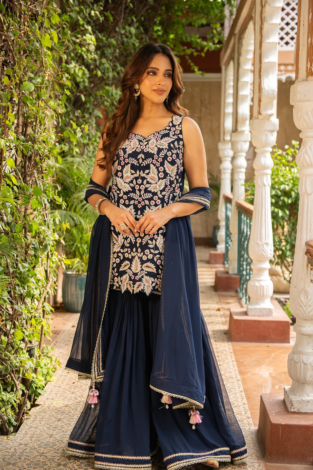 Khwaab Navy Blue Embroidered Georgette Garara Set for Weddings