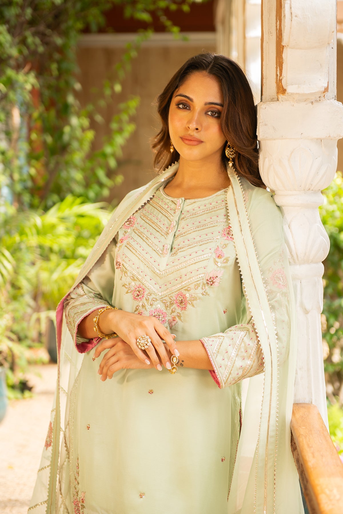 Sea Green Silk Kurta Set with Dhoti and Structured Organza Dupatta
