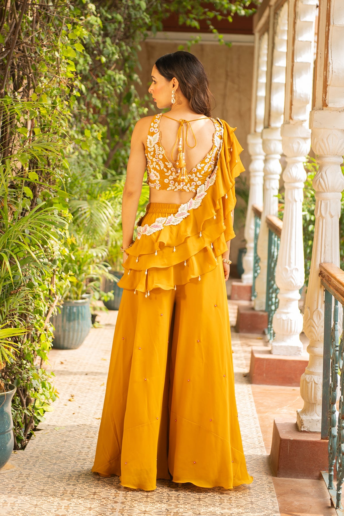 Jhalak Mustard Embroidered Blouse with Sharara and Ruffle Drape