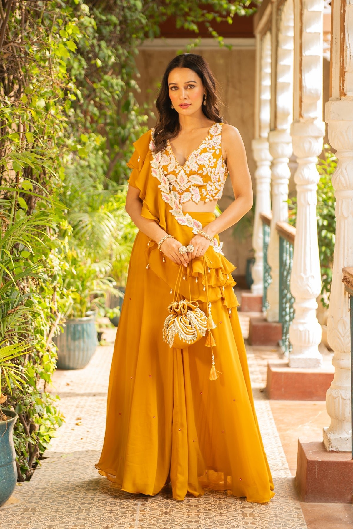 Jhalak Mustard Embroidered Blouse with Sharara and Ruffle Drape